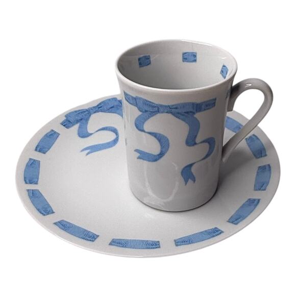 VTG Neiman Marcus Trompe l'Oeil Blue Ribbon MUG & PLATE SET Japan Made White NEW - Picture 3 of 6